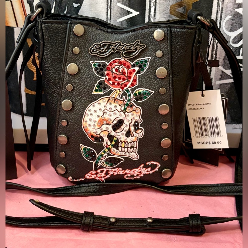 NWT ED HARDY Black Studded and Gemmed Crossbody Bag with Skull & Rose Patch